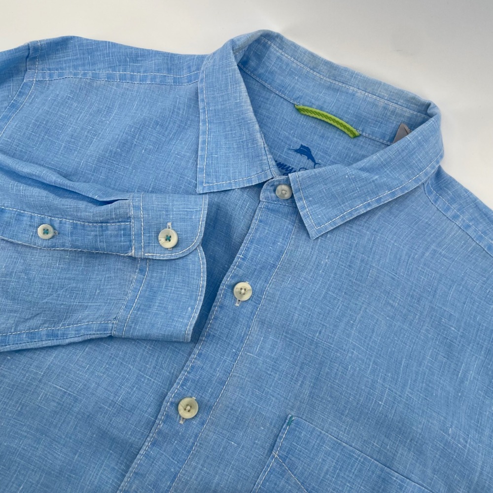 Tommy Bahama Button Down Shirt Mens Large Blue Linen Long Sleeve Marlin Logo